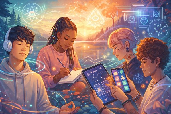 Gen Z embracing diverse spiritual practices through technology and nature.