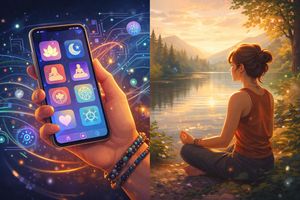 Digital spiritual apps and natural surroundings depicting Gen Z's holistic approach to well-being.