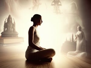 Person meditating with external spiritual symbols blurred in the background, focusing on inner peace.