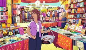Person looking overwhelmed in a bustling spiritual marketplace filled with crystals, books, and retreat advertisements.