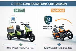 Diagram comparing Delta (one front wheel) and Tadpole (two front wheels) e-trike configurations, highlighting their design differences and stability.