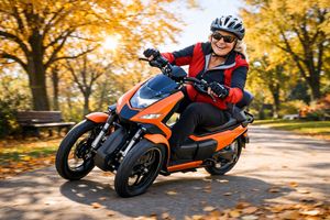 Senior woman happily riding a modern electric tilting trike on a scenic park path.