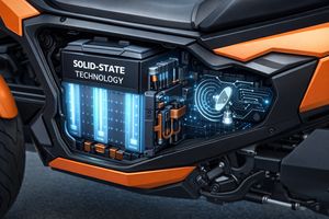 Cutaway view of an e-trike battery compartment featuring a solid-state battery and subtle AI safety system indicators.