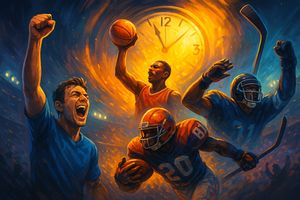 Montage of iconic last-minute sports victories, showcasing emotional celebrations in football, basketball, and soccer.