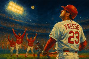 David Freese hitting a walk-off home run in Game 6 of the 2011 World Series, with the ball flying and teammates celebrating.