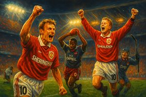 Manchester United players celebrating after scoring a last-minute goal in the 1999 Champions League Final against a dejected Bayern Munich.