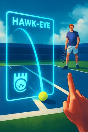 Hawk-Eye system displaying a precise ball trajectory on a tennis court line call