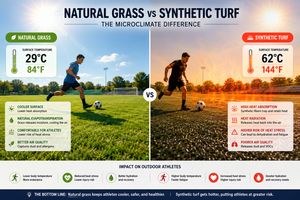 Synthetic turf field generating higher temperatures compared to natural grass, impacting athlete safety.