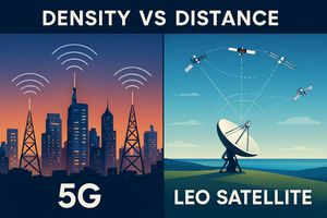 Visual comparison of 5G network density in urban areas versus LEO satellite coverage in remote regions.