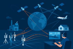 Data flow illustration showing 5G's low latency in industrial settings and LEO satellite's global reach for mobile and remote users.