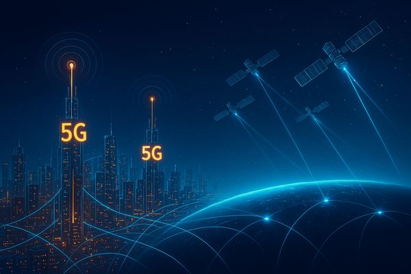 Hybrid connectivity future: 5G in cities, LEO satellites globally.