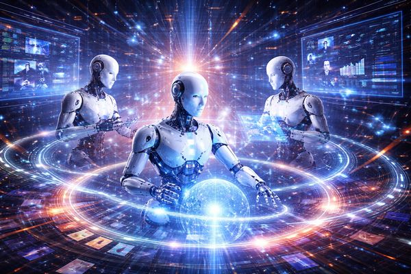 Abstract representation of AI agents collaborating in a digital network, symbolizing silicon-based collaboration for high-performing teams.