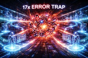 Abstract visualization of the '17x Error Trap' in multiagent systems, showing a chaotic data vortex contrasted with structured, optimized AI coordination pathways.