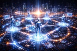 Digital network of interconnected AI agents, symbolizing seamless information flow and global enterprise integration in multiagent systems.