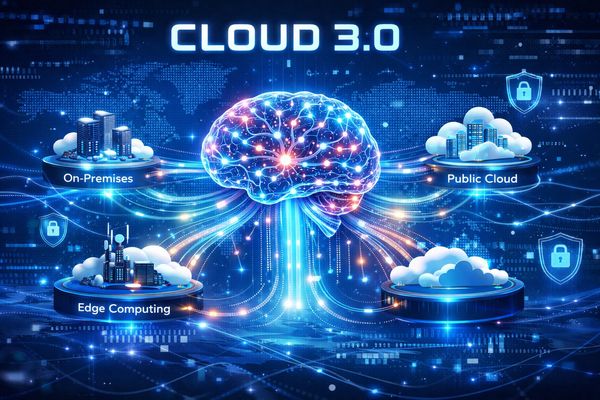 Cloud 3.0 hybrid ecosystem fueling AI, showing interconnected global data centers and AI brain.