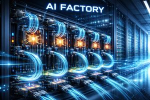 A high-density server rack with liquid-cooled GPUs, representing an AI Factory data center.