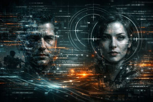 Thumbnail depicting AI deepfakes merging with cyber warfare symbols