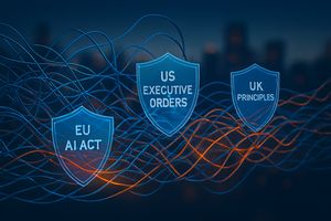 Abstract representation of AI regulation with shields containing complex AI systems, symbolizing different global policy approaches.