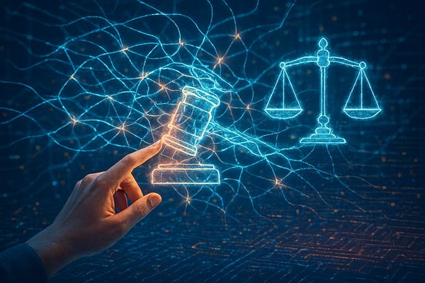 Human hand interacting with a holographic AI network and legal symbols, representing ethical AI and regulation.