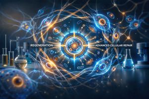 Exosome nanoparticle at the center of cellular structures, representing biotech skincare innovation.