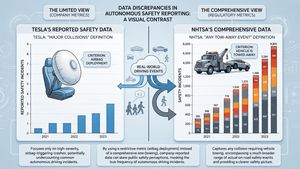 Infographic illustrating the discrepancy between Tesla's airbag-based collision reporting and NHTSA's broader tow-away event criteria.