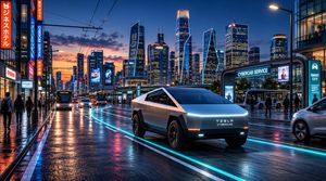 Tesla Cybercab robotaxi navigating a futuristic city street, symbolizing autonomous trust and advanced technology.