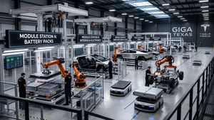Tesla's 'unboxed' manufacturing process for the Cybercab, showing parallel assembly of modular components.