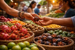 Travelers engaging in grocery store tourism at a vibrant local market