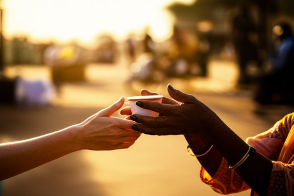 A traveler receiving a cup of chai from a local woman, symbolizing human connection in travel.