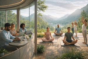 Multipurpose travelers blending work, leisure, and wellness in a modern retreat.