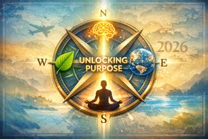 Compass pointing to symbols of purpose, brain, leaf, globe with digital network, and meditation, with '2026' integrated, representing whycation and purpose-driven travel.