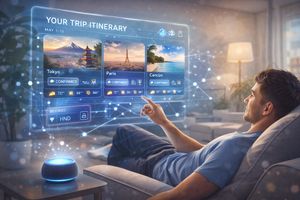 A person using a holographic AI interface to plan a complex travel itinerary, showing destination images and booking details, symbolizing AI-driven travel planning.