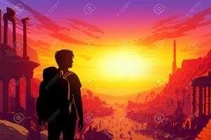 Solo traveler overlooking a sunset landscape, symbolizing self-discovery and adventure.
