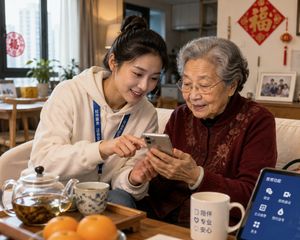 A young Chinese companion helping an older person navigate a smartphone, bridging the digital divide.