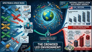 Infographic showing crowded Low-Earth Orbit (LEO) with competing satellites and spectrum allocation challenges.