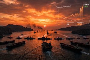 Strait of Hormuz blockade impact on global oil prices in 2026, depicting naval ships and disrupted oil tankers.