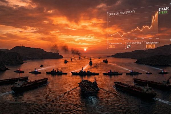 Strait of Hormuz blockade impact on global oil prices in 2026, depicting naval ships and disrupted oil tankers.