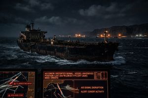 Iran's 'dark fleet' oil tanker operating discreetly through shadow networks, avoiding detection during the 2026 blockade.