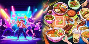 Energetic illustration blending K-Pop dancing with diverse global street food, symbolizing widespread cultural exchange and viral trends.