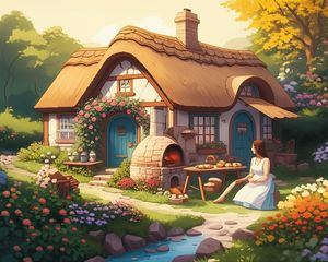 Whimsical illustration of a cottagecore scene with a person baking bread in a rustic garden, symbolizing a global escapism trend.