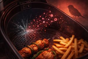 Scratched non-stick air fryer coating releasing microplastic particles into food, with a bird silhouette in the background.