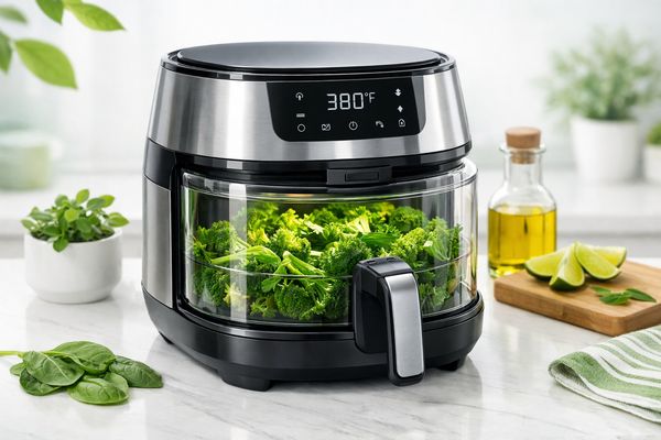 Sleek stainless steel and glass non-toxic air fryer with green vegetables cooking