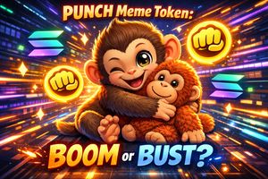 Stylized baby macaque (Punch-kun) hugging an IKEA orangutan doll amidst glowing crypto symbols and a blockchain network.