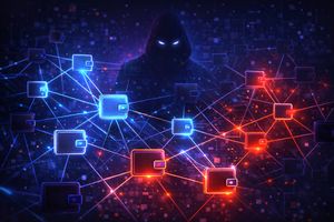 Abstract representation of interconnected crypto wallets, some moving in sync, symbolizing potential insider control and artificial liquidity.