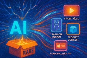 Abstract depiction of AI as a content supply chain, generating videos, designs, and personalized content.
