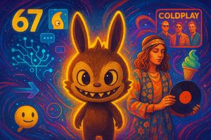 Collage representing viral trends of 2025, with Labubu, 60s fashion, AI, and micro-communities.