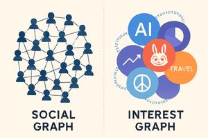 Graphic illustrating the shift from social graph to interest graph with content clusters.