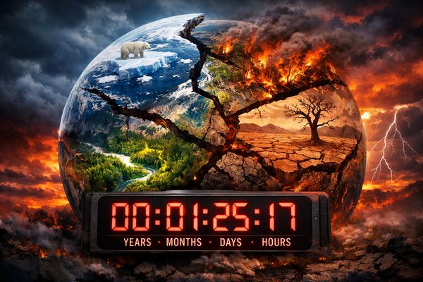 Earth at a climate tipping point, fractured with melting ice, burning forests, and drought, with a ticking clock in the foreground.