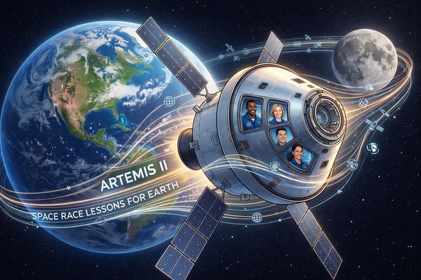 Artemis II Orion capsule with Earth and Moon, symbolizing space lessons for Earth's future.