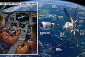 Orion capsule performing manual proximity operations around the ICPS in orbit.